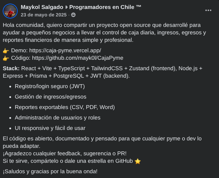 CajaPyme - Publicación en Facebook con 279 reacciones